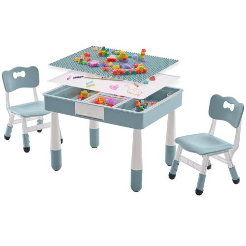 Amazon.com: DOREROOM 4 in 1 Kids Table and 2 Chairs Set with Storage, Toddler Table and Chair Set for Kids Ages 3-10, Graffiti & Building Blocks Double-Sided Tabletop (Grayish Blue, 2 Chairs) : Home & Kitchen