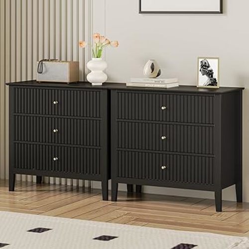 RoyalCraft Large 3 Drawer Dresser Set of 2, Fluted Chest of Drawers with Storage, Modern Painted 30 inch Tall Nightstand for Bedroom Living Room Entryway, Black