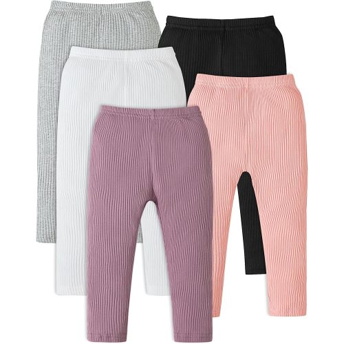 Coaturi 5 Pack Baby Girl Pants: Infant Solid Ribbed Pants Soft Cotton Pull On Leggings for Toddler 0-48 Months(Black/White/Grey/Pink/Purple, 0-3 Months)