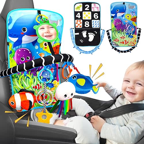 Baby Car Seat Ocean Animals Toys - Kick and Play Double Sided Infant Car Seat Toys with Plush Toys
