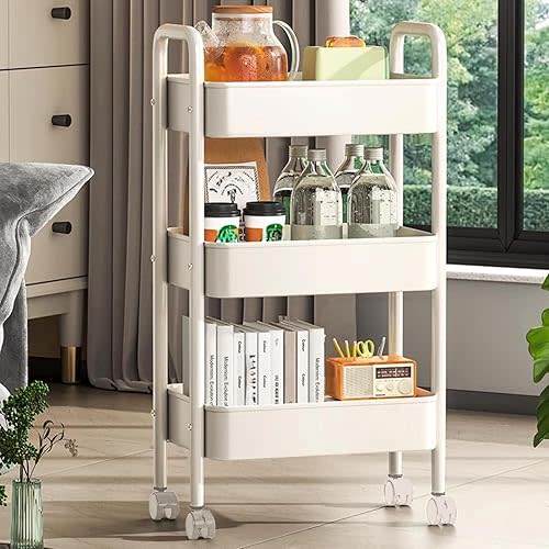 3 Tier Metal Rolling Utility Cart with Handle, Detachable Storage Organizer with Wheels for Kitchen, Living Room, Office, Garage (White, 3 Tier)