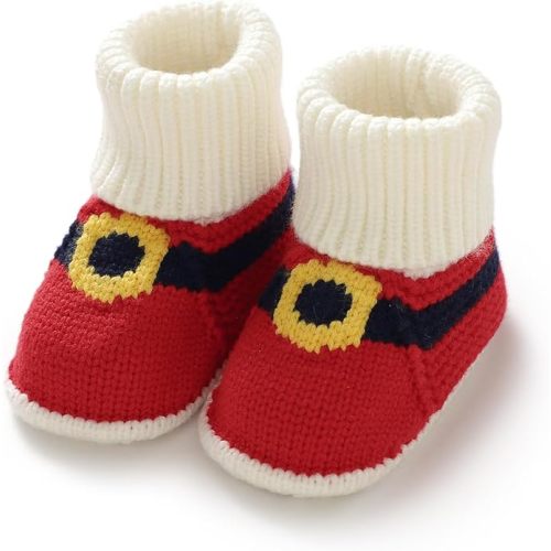 Hadetoto Baby Christmas Booties Newborn Girl Boy Cozy Sock Shoes Infant Toddler Warm Knit Booties - 0-3 Months Infant - Red