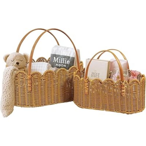 Scalloped Baskets with Handles,Hand-woven Rattan Basket,Wicker Basket with Scalloped Edge,Scalloped Storage Baskets for Home Organizing and Decor(Set of 2-Mocha)