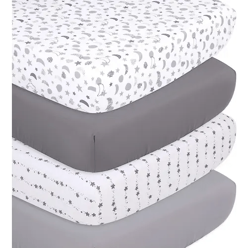 The Peanutshell Grey Moon & Stars Fitted Crib Sheet Set, Unisex 4 Pack Celestial Print, Grey & White