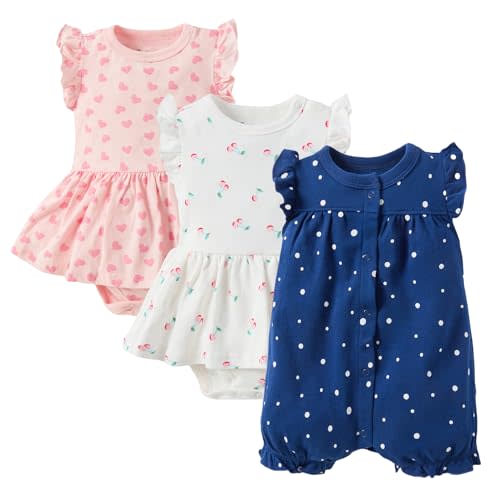Minicoco 3-pack 100% Cotton Baby Girl Rompers, 0-24 months Ruffle Sleeve Toddler Romper Summer Clothes Set
