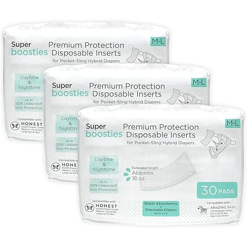 Overnight Diaper Leak Stopper, Super Boosties Disposable Inserts, Use with Pampers Sizes 4-6, Honest Hybrid Diaper Cover Sz Med/Large, Amazing Baby Cover Sz 3/4, 4.3x13 in, 90 Count