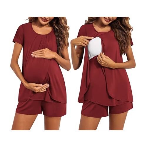 Ekouaer Women's Maternity Nursing Pajamas Set Breastfeeding Sleepwear Double Layer Short Sleeve Top & Shorts Nursing Pjs