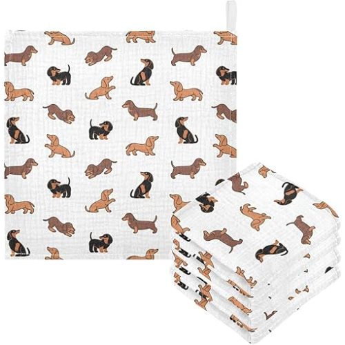 Dachshund Dog Muslin Baby Hand Washcloths, Soft Cotton Bath Face Towel, 4 Layers Extra Absorbent Feeding Burp Cloth for Newborn Infant, 5 Pack