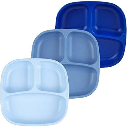 Re-Play Toddler Plates with Dividers - Deep-Walled 3 Compartments Divided Plates for Kids - Dishwasher & Microwave Safe - Made in USA - Set of 3-7.37" x 7.37" x 1.25" - Cool Blue