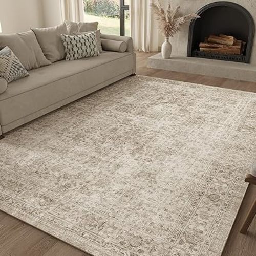 FMFUNCTEX 5x7 Washable Area Rug Neutral Vintage Beige Non Slip Low Pile Traditional Indoor Carpet for Living Room Bedroom Soft Retro Floral Mat Throw Rug for Dining Office Kitchen Dorm Entryway