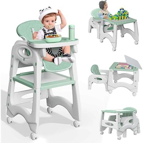 5 in 1 High Chairs for Babies and Toddlers, Multifunctional Infant High Chair, Safe & Ergonomic Convertible Highchair with Removable Seat & Tray, Lockable Wheels & 5 Point Belt(Green)