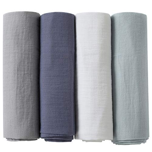 POMISO Muslin Swaddle Blankets, Baby Swaddle Blanket, Large 47 x 47 inches Muslin Baby Blanket wrap for Baby Boys and Girls, 4 Pack, Solid Color, Grey Blue White Green