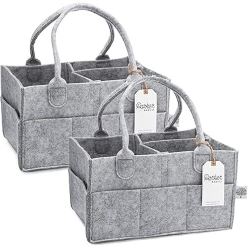 Parker Baby Diaper Caddy Multipack - Set of 2 Nursery Storage Bins and Car Organizers for Diapers, Wipes, and Baby Essentials - Portable and Stylish Diaper Totes - Gray