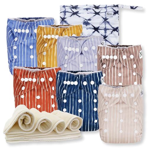 Nora's Nursery Cloth Diapers 7 Pack with 7 Inserts & 1 Wet Bag - Waterproof Cover, Washable, Reusable & One Size Adjustable Pocket Diapers for Newborns and Toddlers - Cali Coastal