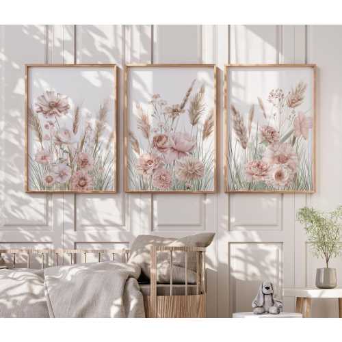 Pink Blush Wildflower Floral Nursery Wall Art Print Set, Baby Girl Floral Nursery Decor, Girls Bedroom Floral Wall Art, PRINTABLE