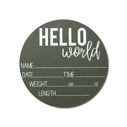 Hickory Hollow Designs - Baby Announcement Sign for Newborn Boys and Girls (Color Bases) - Hello World Nursery Decor Sign & Photo Prop for Babies Made of Birch Wood - 6" Circle Board (Green)