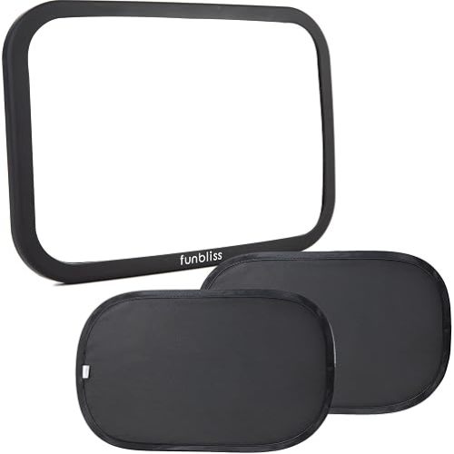 Funbliss Bar Mirror for Baby + 2 Pack Car Window Shades Bundle (19″ × 12″), UPF 50+ Window Shade for Baby in Car, 360° Rotation Fully-Adjustable Straps