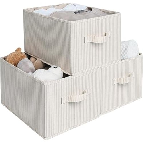StorageWorks Large Storage Baskets for Shelves, Rectangular Closet Organizers with Handles, Foldable Closet Storage Baskets for Utility Room, 3-Pack, Beige Stripes