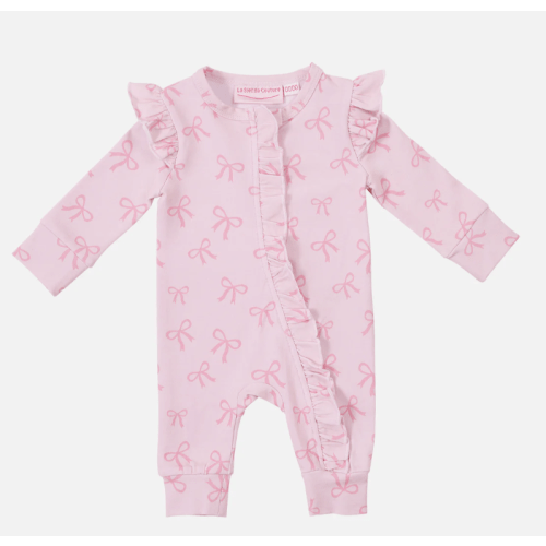 Frill Zip Romper - Pink Bows