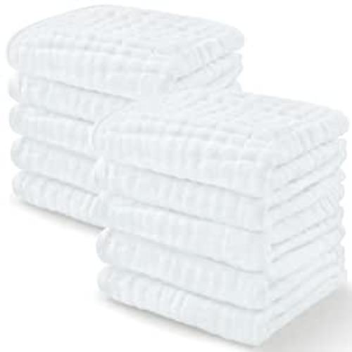 Baby Washcloths, Muslin Cotton Baby Towels, Large 10”x10” Wash Cloths Soft on Sensitive Skin, Absorbent for Boys & Girls, Newborn Baby & Toddlers Bibs & Burp Cloths Essentials Set (White, Pack of 10) - 10-Pack 10"X10"