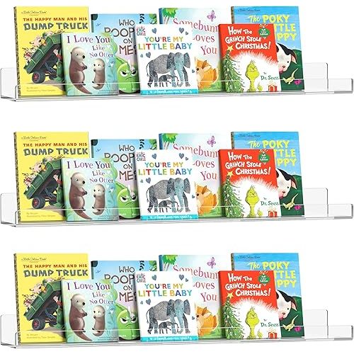 HBlife 24 Inches Invisible Wall Floating Bookshelf for Kids and Nursery, Clear Acrylic Shelves for Figures, 3 Pack (5MM Thick)