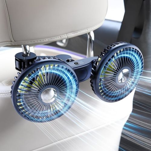 Dual Head Car Cooling Fan for Back Seat, Battery Powered Rechargeable Usb Car Seat Headrest Fan for Baby Dog Rear Facing, 12V Car Accessories Cooler That Blow Cold Air for Sedan Suv Rv Truck