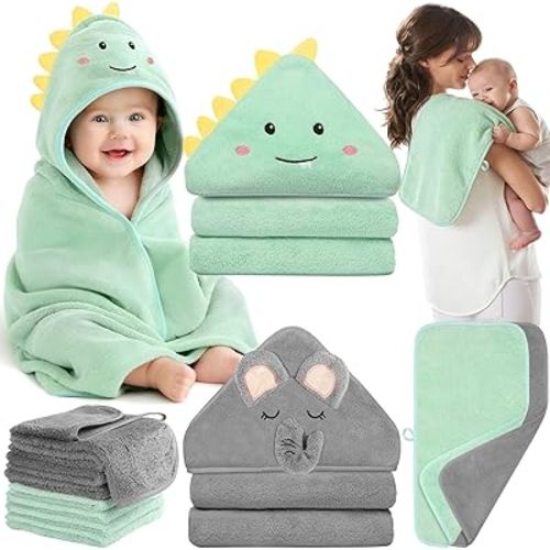 12 Pcs Baby Towel Set, Soft Baby Bath Towels and Washcloths Set, 2 Pcs Hooded Baby Towel, 2 Pcs Baby Burp Cloths and 8 Pcs Baby Washcloths for Infants, Toddlers and Kids (Dinosaurs & Elephants)