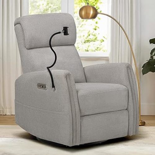 COLAMY Modern Power Swivel Glider Recliner Chair, Nursery Rocking Chair, Living Room Chair, 270 Swivel 145 Recliner with Built-in Charging Ports, Dove Grey
