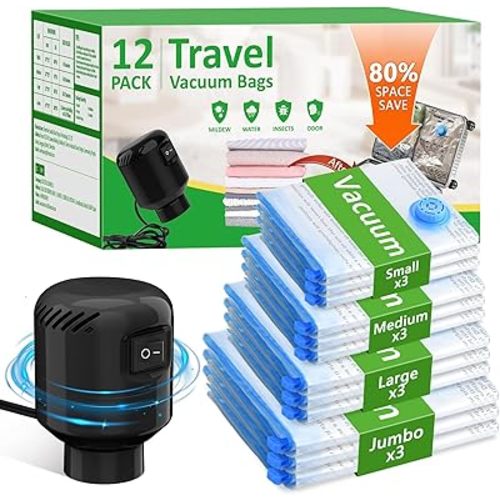 Vacuum Seal Bags for Clothing Travel, 12 Pack Space Saver Vacuum Storage Bags with Electric Pump,Portable Compression Sealer for Clothes, Blankets, Bedding & Travel,Good for Storage and Organization