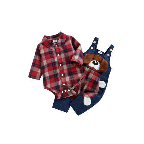 Kiapeise Spring Autumn 2Pcs Newborn Baby Boys Clothes Sets Plaid Rompers+Cartoon Dog Pattern Long Suspender Pants
