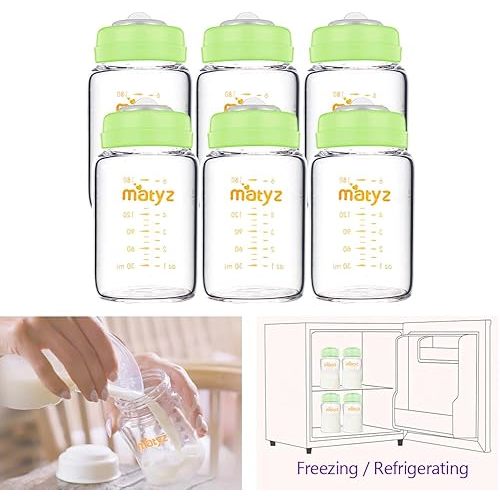 Breastmilk Storage Bottles, 6 Pack, 6 oz, Compatible with Spectra Medela Breast Pump - Store, Freeze, Warm Up Milk Well - Wide Mouth Breastmilk Storage Containers - No BPA (Green Lids)
