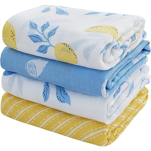 Viviland Muslin Swaddle Blankets, Swaddle Wrap for Boys and Girls, Breathable and Skin-Friendly Baby Receiving Blankets, Baby Essentials, 4-Pack Lemon & Leaves, 47 x 47 inches
