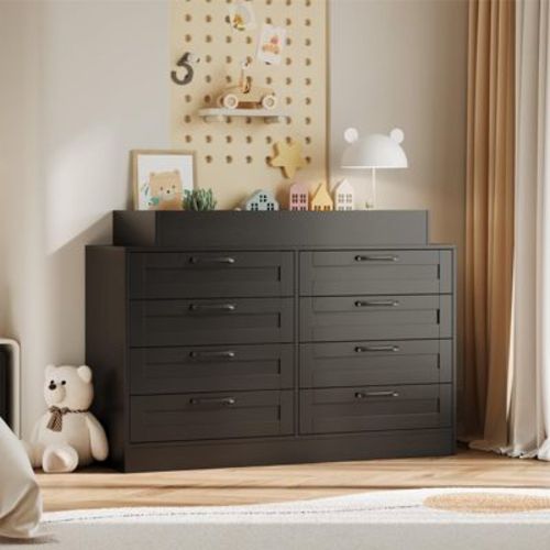 Baby Changing Dresser with 8 Drawers – Wooden Nursery Dresser with Safety Rail & Open Shelf