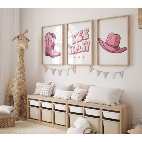 Cowgirl Nursery Decor, Retro Cowgirl Kids Bedroom, Yee Haw Wall Decor, Pink Western Wall Prints, Rodeo Girls Bedroom, Set of Three Prints