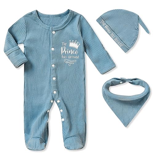 ZOELNIC Newborn Infant Baby Boy Coming Homing Clothes Letter Print Button Knit Footed Romper Jumpsuit Hat Bibs 3pcs Outfit