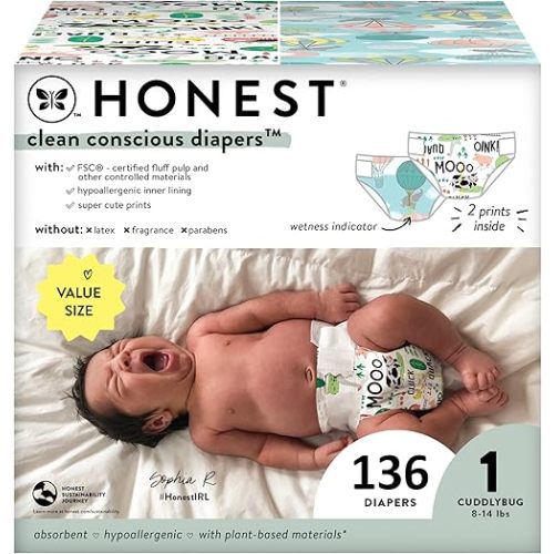 The Honest Company Clean Conscious Diapers | Plant-Based, Sustainable | Above It All + Barnyard Babies | Super Club Box, Size 1 (8-14 lbs), 136 Count