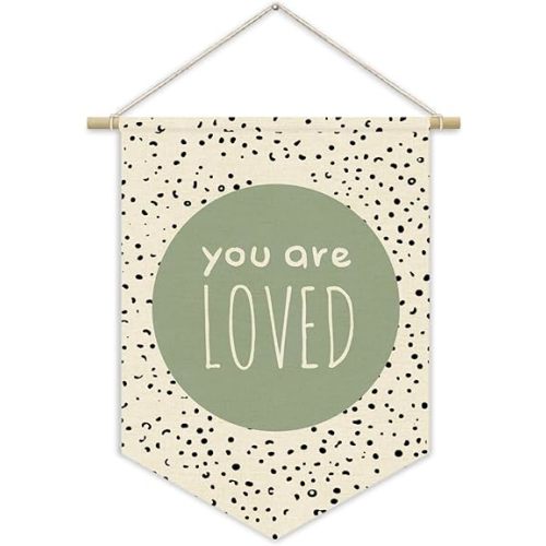 Green Nursery Decor,Sage Green Inspirational Canvas Banner, Classroom Decor You Are Loved Playroom Kids Room Wall Decor,Homeschool Toddler Bedroom Decor Canvas Hanging Pennant Flag Banner