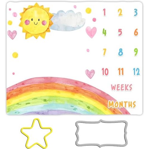 Cartoon Rainbow Baby Monthly Milestone Blanket - 48x40in Sun Cloud Heart Shape Colored Dots for Newborn Shower, Growth Chart Photography
