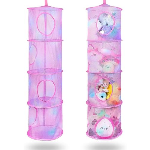 Basumee Stuffed Animals Net or Hammock 2 Pcs Stuffed Animals Storage Toy Net Hammock for Stuffed Animals Organizer Mesh Hammock Kids Girls Room Decor, Pink, 4 Tiers