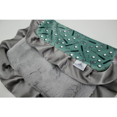 Golf LOVIE BLANKET Sage Green Golf Minky Silver Hide Minky Back Gray Satin Trim Baby Boy or Girl Sports Nursery Golf Ball Club Sports Era