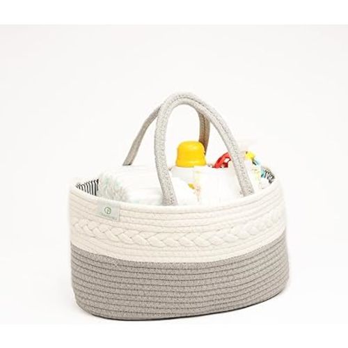 Oliver & Emilia Diaper Caddy - Portable Woven Baby Organizer Basket w/Handle, Nursery Changing Caddies & Dividers, Dresser Organizer, Cotton Rope Stuff Holder, Wipes Storage, Must Haves Newborn, Gift