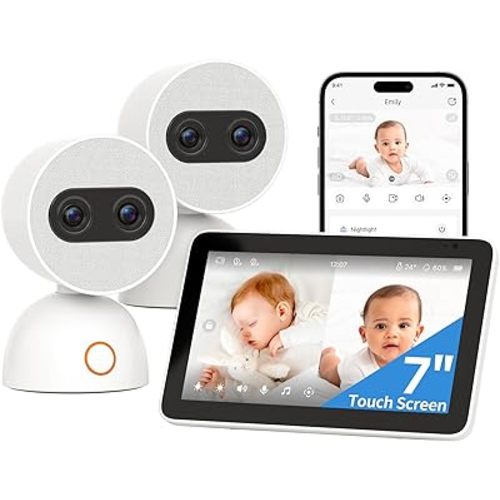 Simsky Split Screen Video Baby Monitor with 2 Cameras, 2× 4MP Resolution, 7" HD Touch Screen Smart Audio Baby Monitor, 6X Optical Quality Zoom, App Remote Access, 5200mAh Battery, 32GB Local Storage