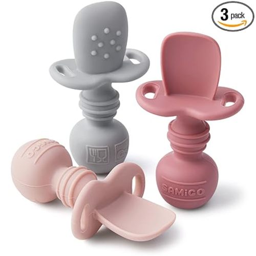 SAMiGO Silicone Baby Spoons Self Feeding 6+ Months - Infant Toddler Utensils - First Stage Baby Led Weaning Feeding Supplies - Set of 3 Pack