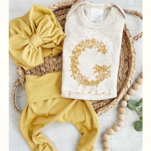 Personalized Baby Girl Outfit | Oatmeal Bodysuit Harvest Yellow Floral – Wonderfully Made