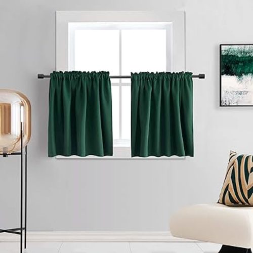 DONREN Christmas Hunter Green Curtain Tiers for Small Window - Mini Dark Green Blackout Curtains for Bedroom with Rod Pocket (42 Inch x 30 Inch,2 Panels)