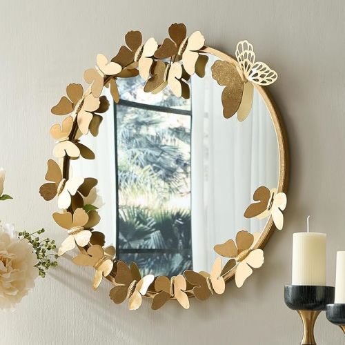 Gold Round Bathroom Mirror, 23.5inch Butterfly Metal Frame Decorative Wall Mirror Brushed Gold Ornate Vanity Mirror for Living Room,Nursery,Bedroom Entry Way (Brushed Golden)