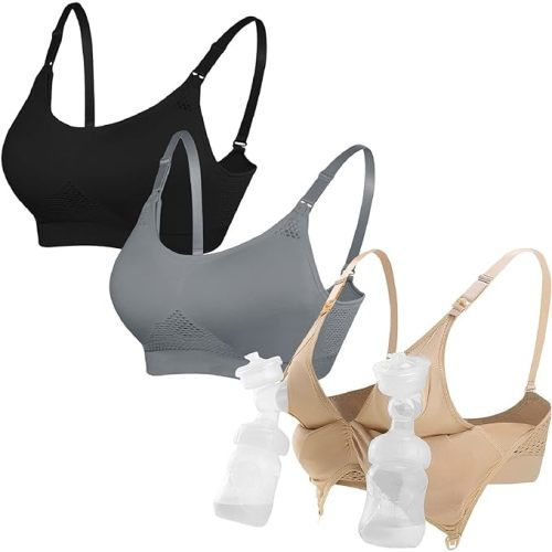 4HOW Pumping Bra Hands Free Nursing Bra for Breastfeeding Nursing Pumping Bra All in One Wireless Padded Maternity Bralette - Large - Black+beige+grey