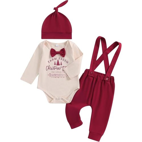 Newborn Baby Boy Thanksgiving Christmas Outfit Long Sleeve Romper Suspender Pants Fall Winter Clothes