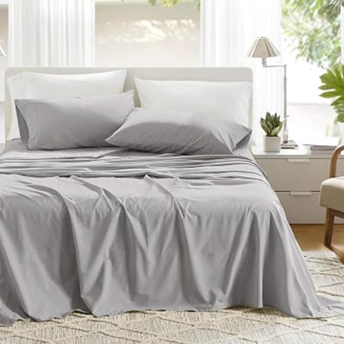 Comfort Spaces 100% Cotton Sheet Set Breathable, Lightweight, Soft with 12" Elastic Pocket Fits up to 14" Mattress, All Season Cozy Bedding, Matching Pillow Case, Twin Grey 3 Piece