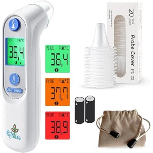 Baby Ear Thermometer by Ritalia – Infrared Digital Ear Thermometer for Babies & Kids, German Sensor Technology, Hygienic Probe Covers Included, Fast Accurate Fever Reader with Batteries & Pouch